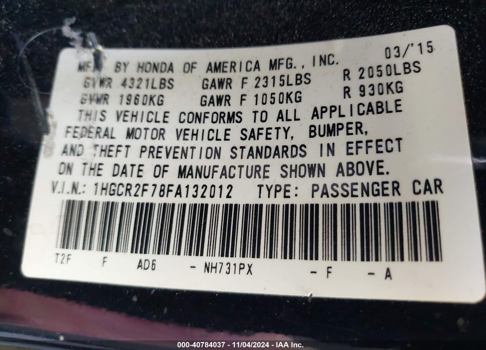 2015 HONDA ACCORD EX VIN: 1HGCR2F78FA132012