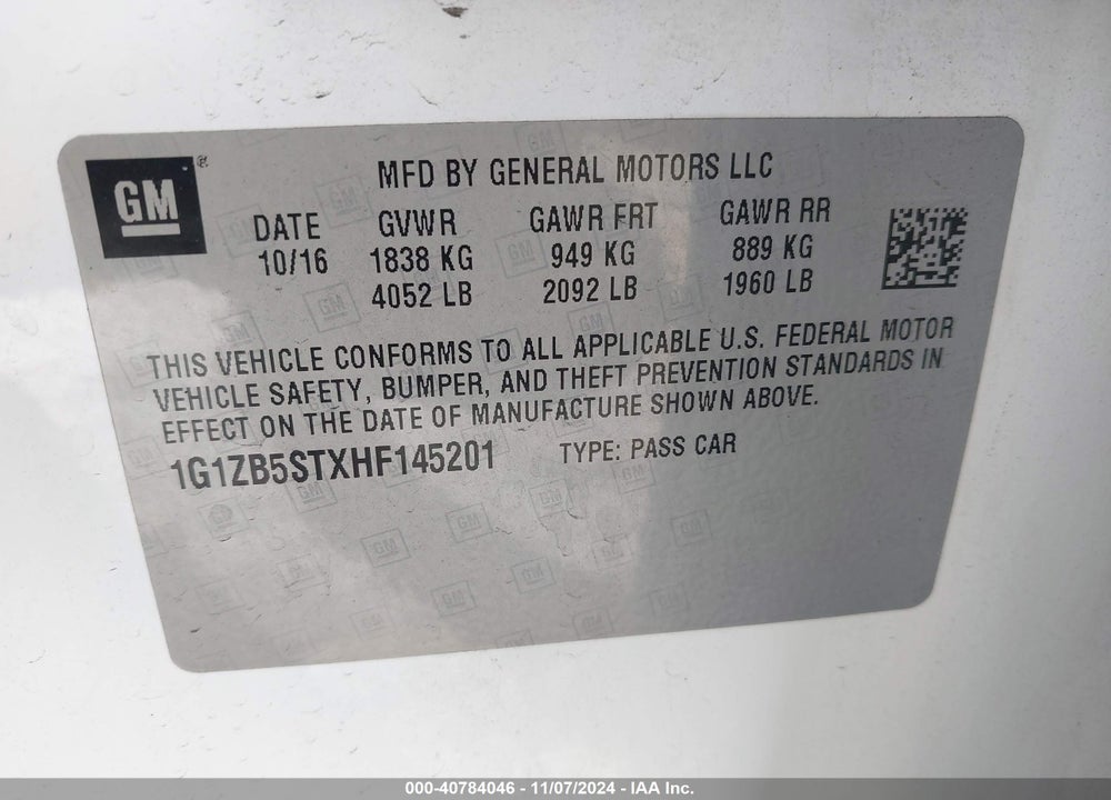 2017 CHEVROLET MALIBU LS VIN: 1G1ZB5STXHF145201