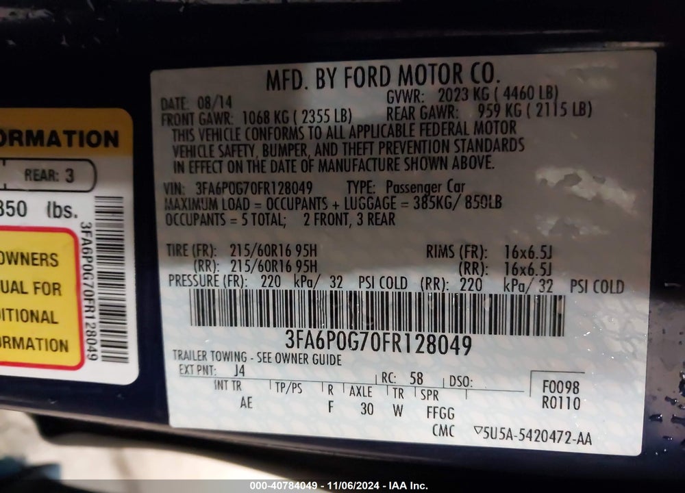 2015 FORD FUSION S VIN: 3FA6P0G70FR128049