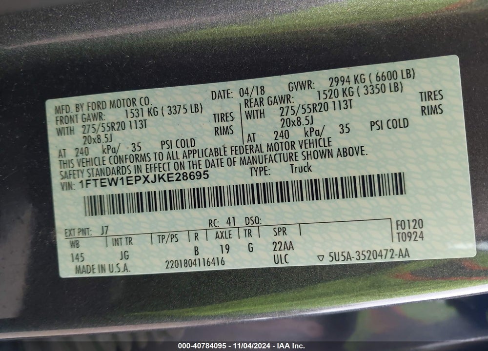 2018 FORD F-150 XL VIN: 1FTEW1EPXJKE28695