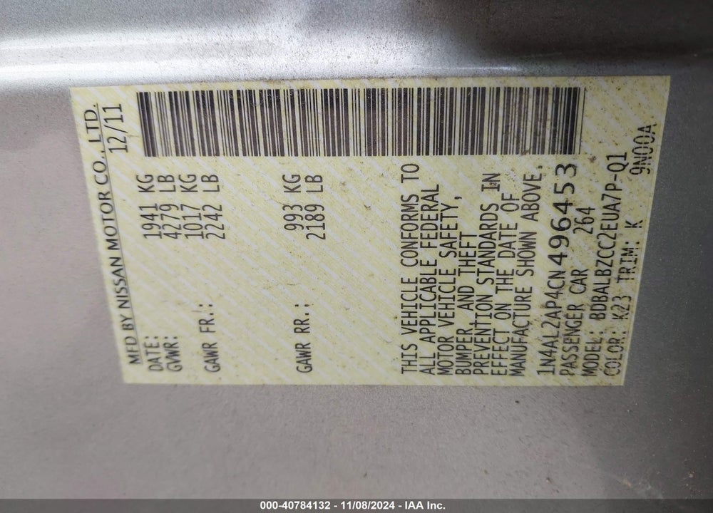 2012 NISSAN ALTIMA 2.5 S VIN: 1N4AL2AP4CN496453