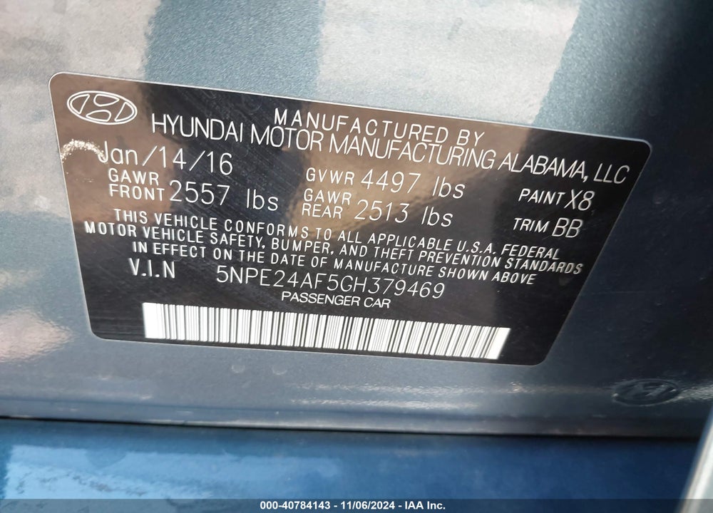 2016 HYUNDAI SONATA SE VIN: 5NPE24AF5GH379469