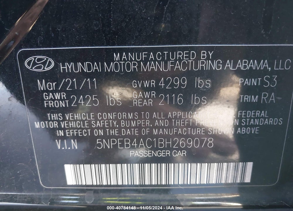 2011 HYUNDAI SONATA GLS VIN: 5NPEB4AC1BH269078