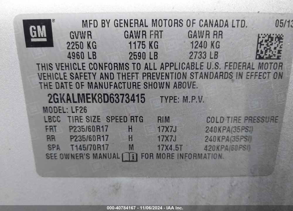 2013 GMC TERRAIN SLE-1 VIN: 2GKALMEK8D6373415