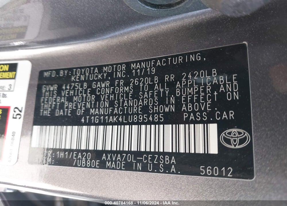 2020 TOYOTA CAMRY SE VIN: 4T1G11AK4LU895485