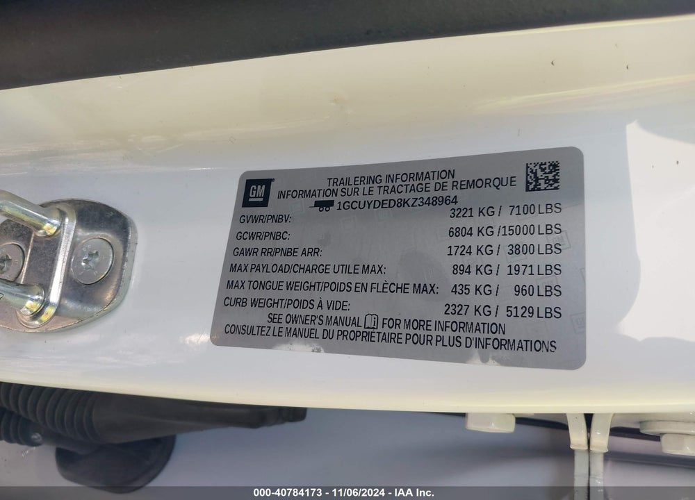 2019 CHEVROLET SILVERADO 1500 VIN: 1GCUYDED8KZ348964