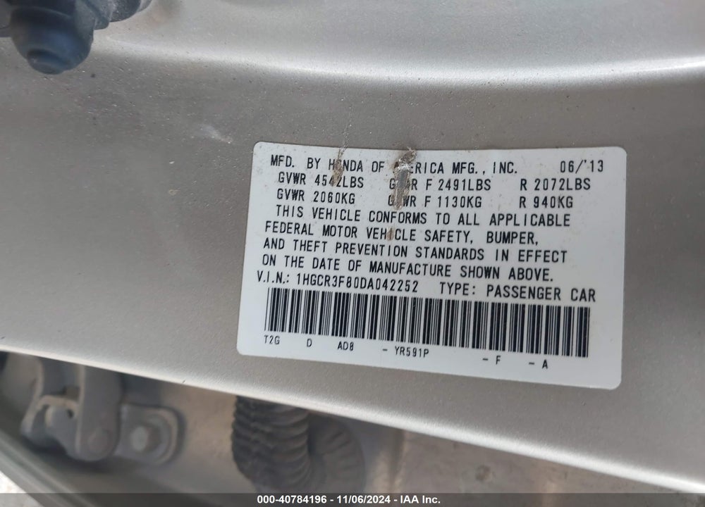2013 HONDA ACCORD EX-L V-6 VIN: 1HGCR3F80DA042252