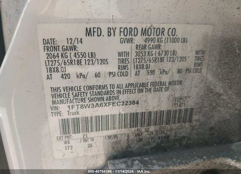 2015 FORD F-350 XLT VIN: 1FT8W3A6XFEC22384