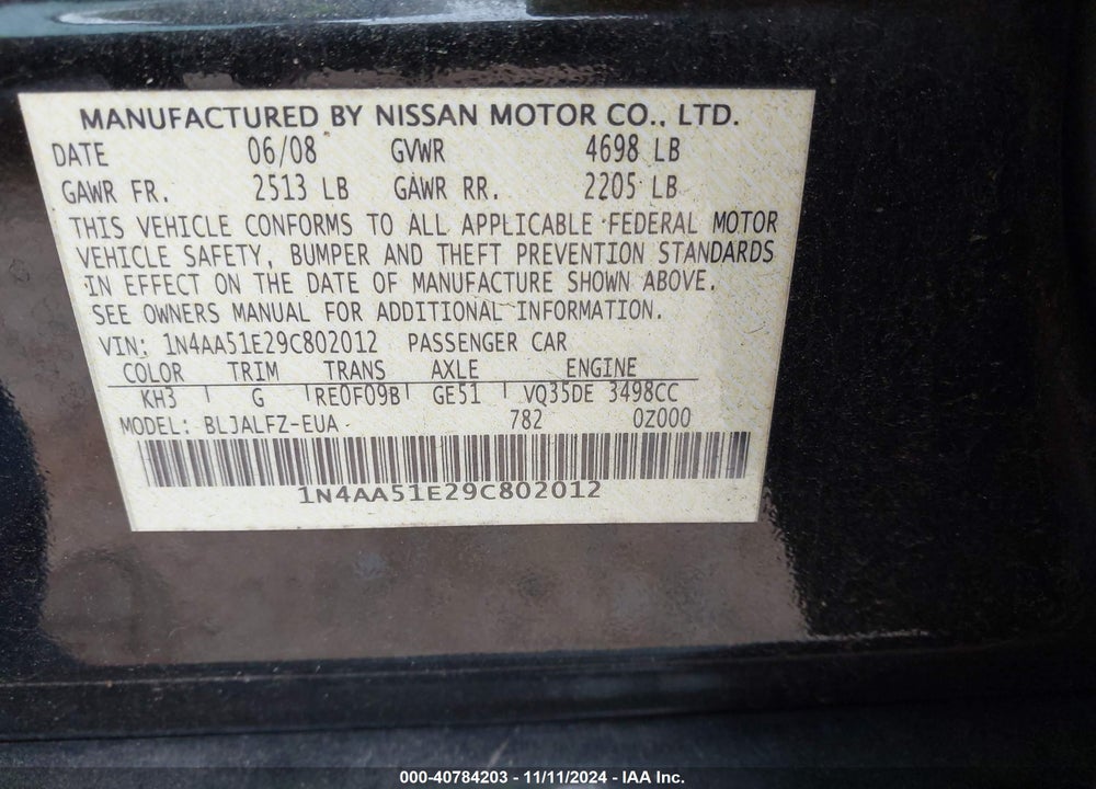 2009 NISSAN MAXIMA 3.5 SV VIN: 1N4AA51E29C802012