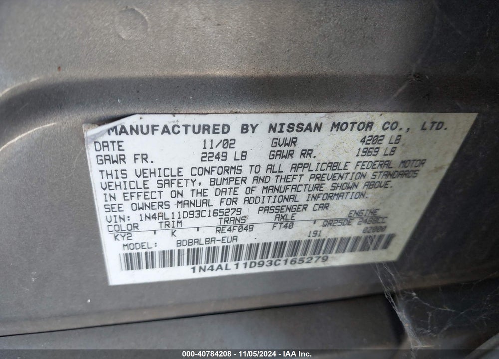 2003 NISSAN ALTIMA 2.5 S VIN: 1N4AL11D93C165279