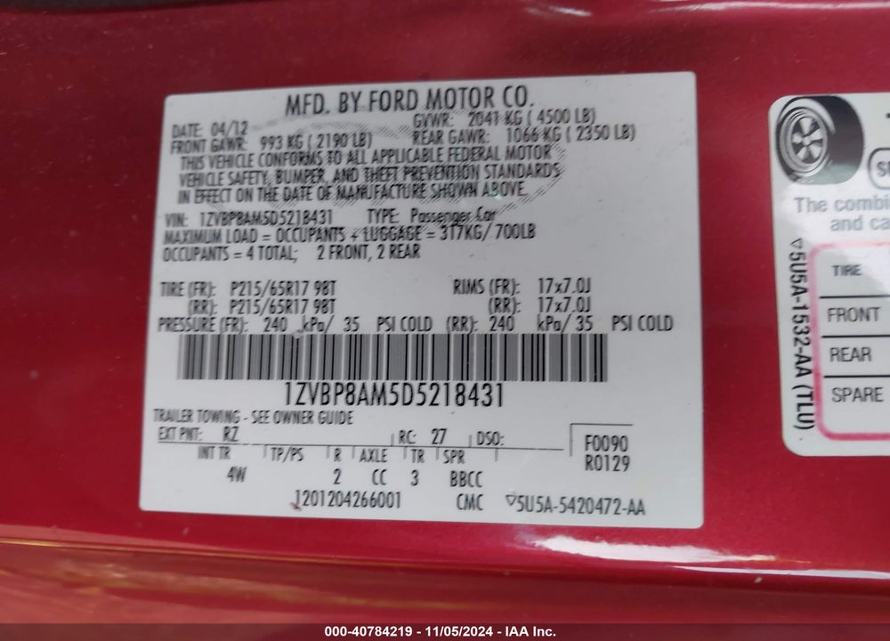 2013 FORD MUSTANG VIN: 1ZVBP8AM5D5218431