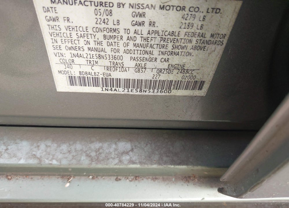 2008 NISSAN ALTIMA 2.5 S VIN: 1N4AL21E58N533600