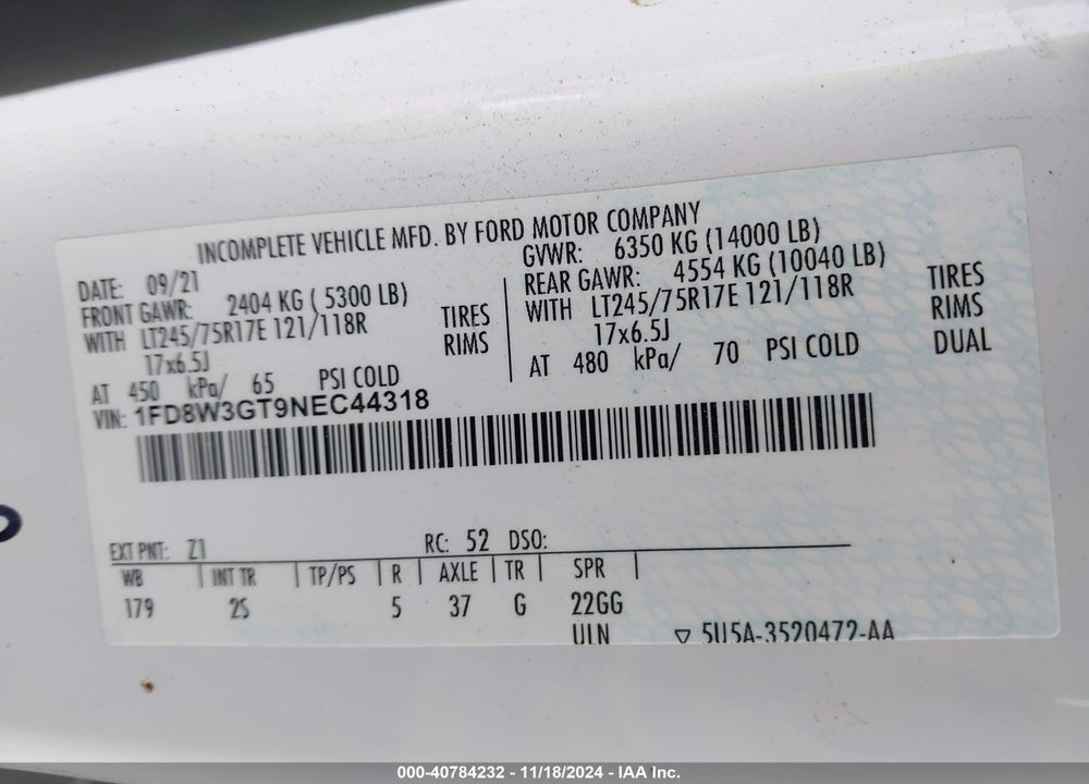 2022 FORD F-350 CHASSIS XLT VIN: 1FD8W3GT9NEC44318
