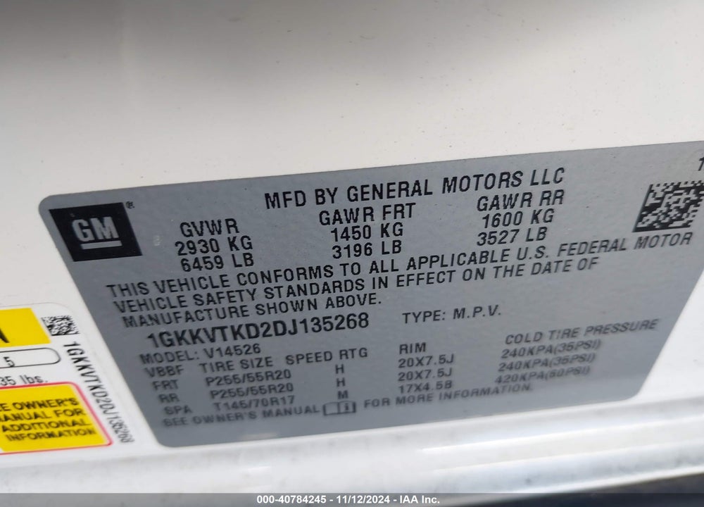 2013 GMC ACADIA DENALI VIN: 1GKKVTKD2DJ135268