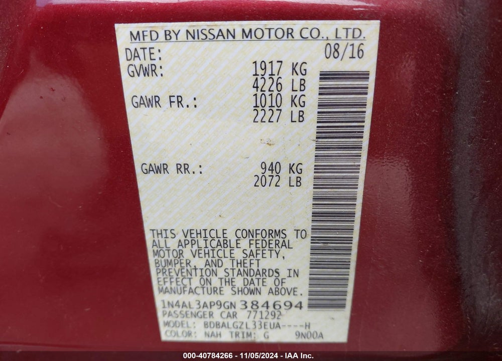 2016 NISSAN ALTIMA 2.5 S VIN: 1N4AL3AP9GN384694