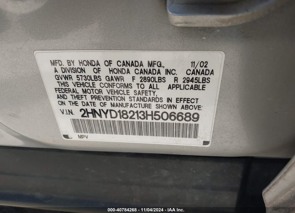 2003 ACURA MDX VIN: 2HNYD18213H506689
