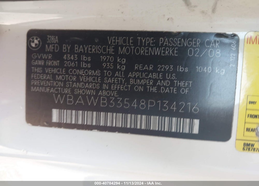 2008 BMW 328I VIN: WBAWB33548P134216