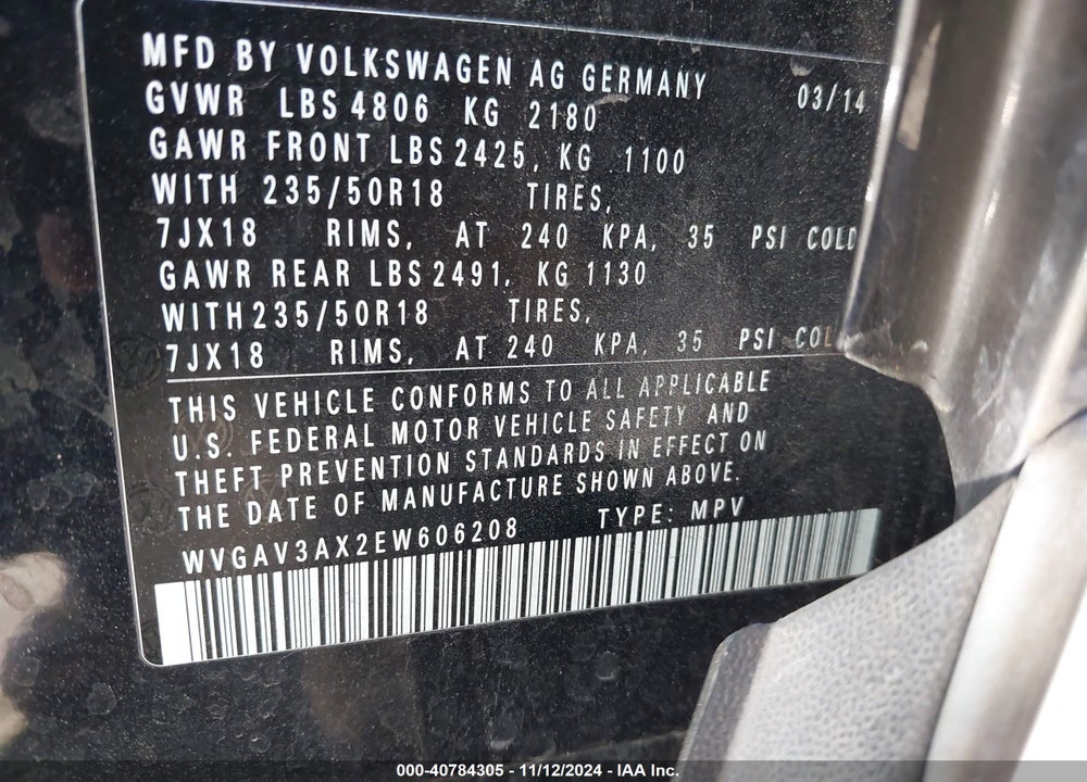 2014 VOLKSWAGEN TIGUAN SEL VIN: WVGAV3AX2EW606208