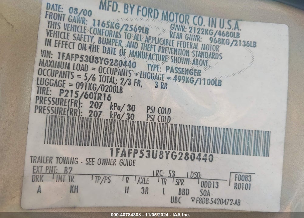 2000 FORD TAURUS SE VIN: 1FAFP53U8YG280440