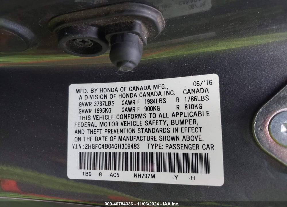 2016 HONDA CIVIC LX-P VIN: 2HGFC4B04GH309483