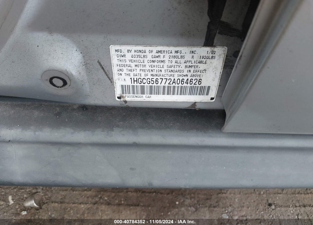 2002 HONDA ACCORD 2.3 SE VIN: 1HGCG56772A064626