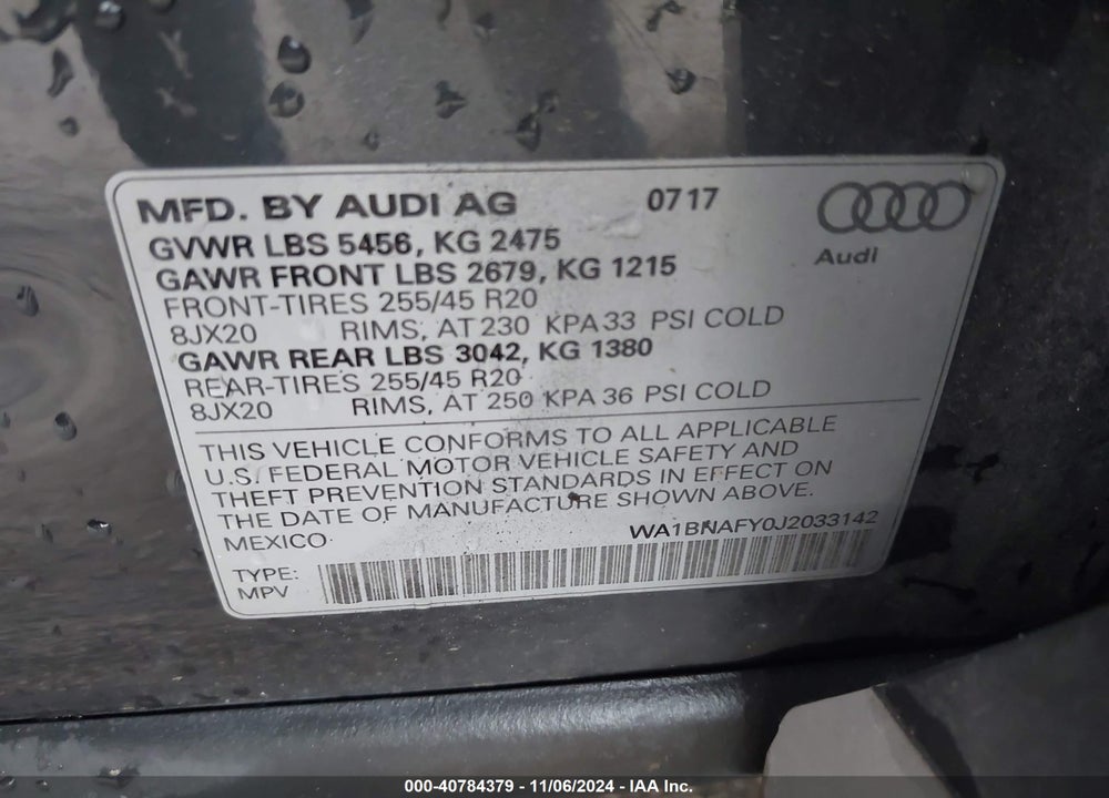 2018 AUDI Q5 2.0T PREMIUM/2.0T TECH PREMIUM VIN: WA1BNAFY0J2033142