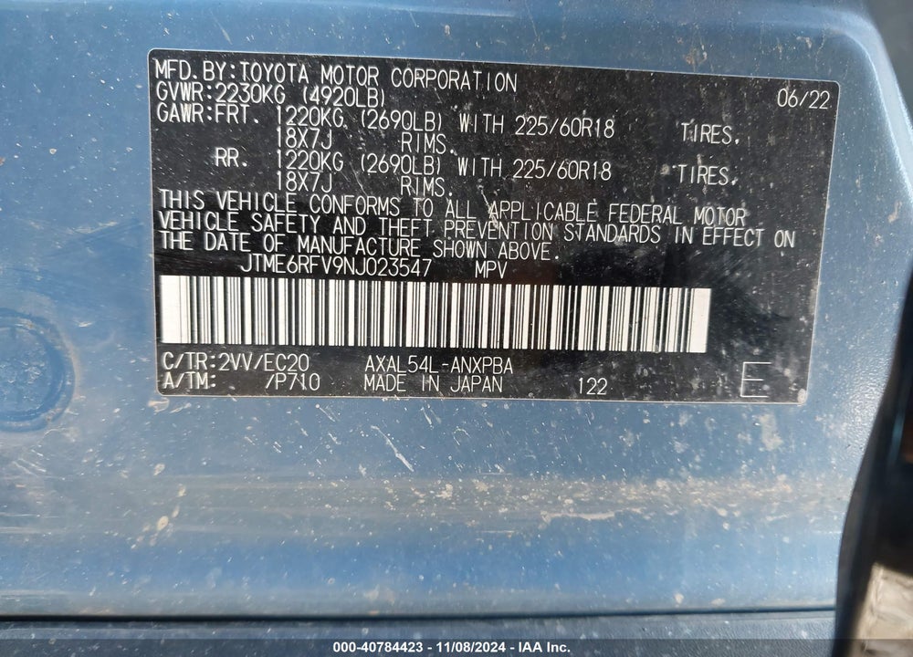2022 TOYOTA RAV4 VIN: JTME6RFV9NJ023547