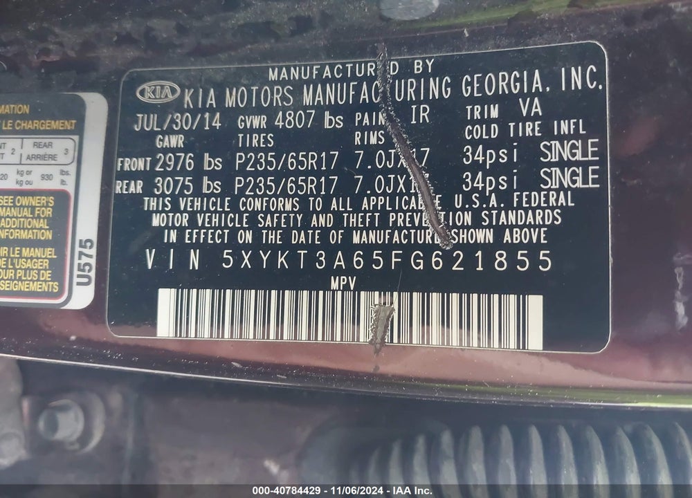 2015 KIA SORENTO LX VIN: 5XYKT3A65FG621855