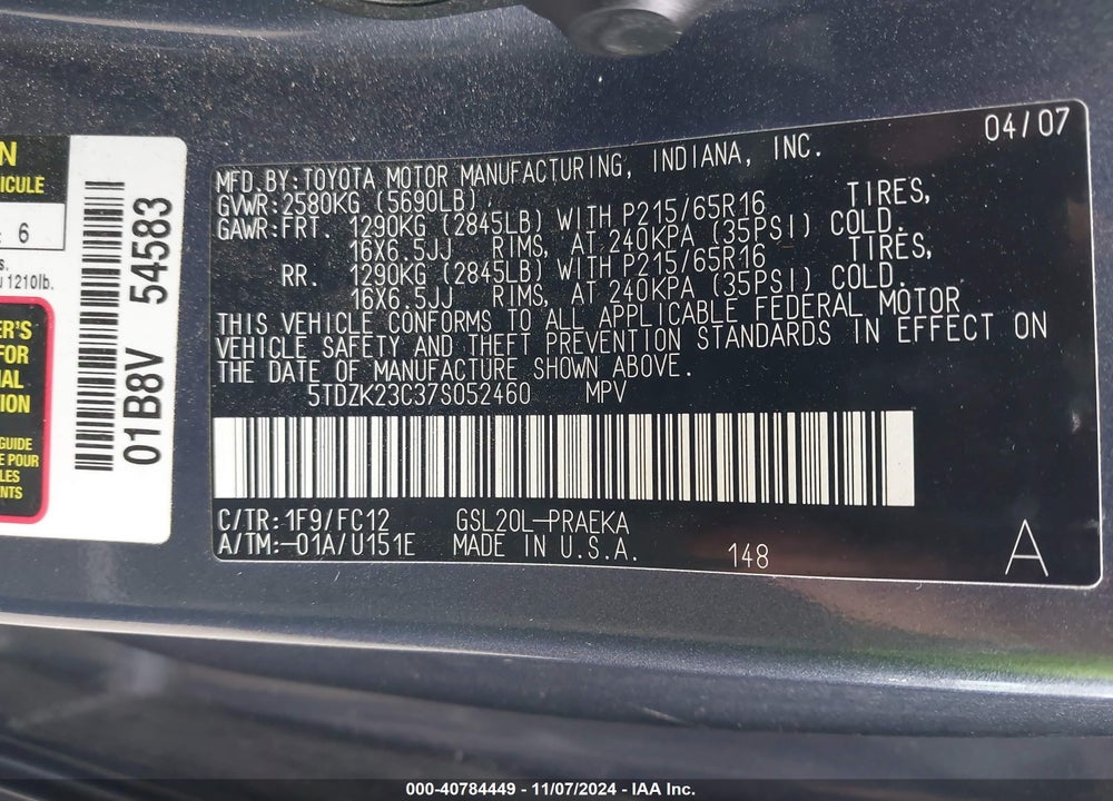 2007 TOYOTA SIENNA LE VIN: 5TDZK23C37S052460