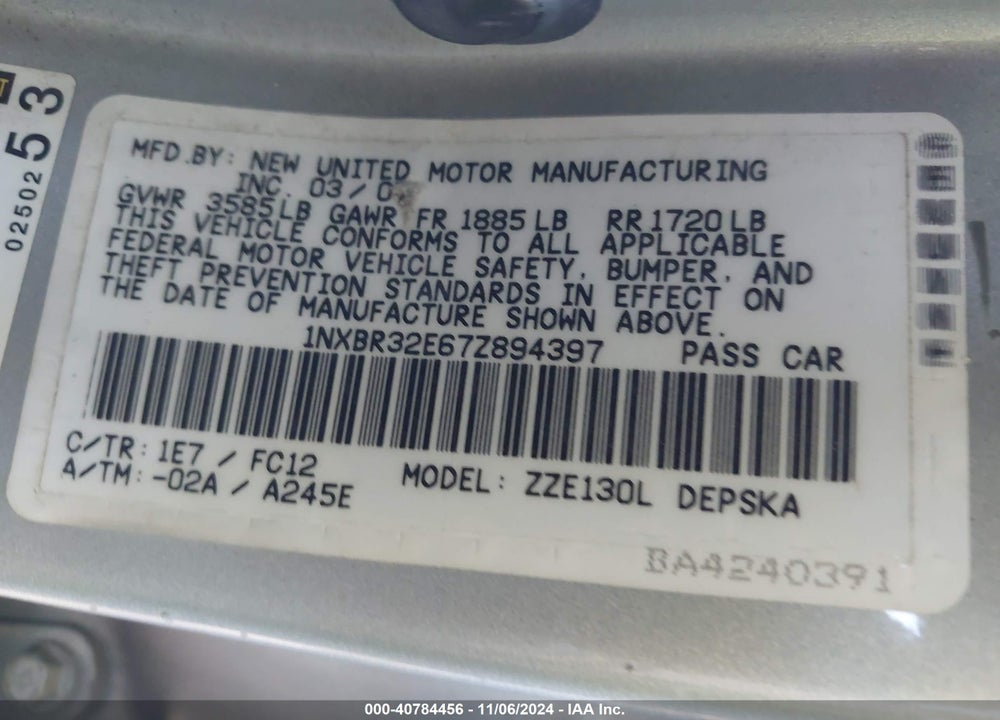 2007 TOYOTA COROLLA S VIN: 1NXBR32E67Z894397