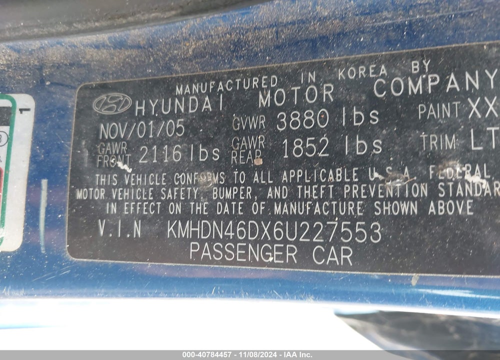 2006 HYUNDAI ELANTRA GLS/LIMITED VIN: KMHDN46DX6U227553