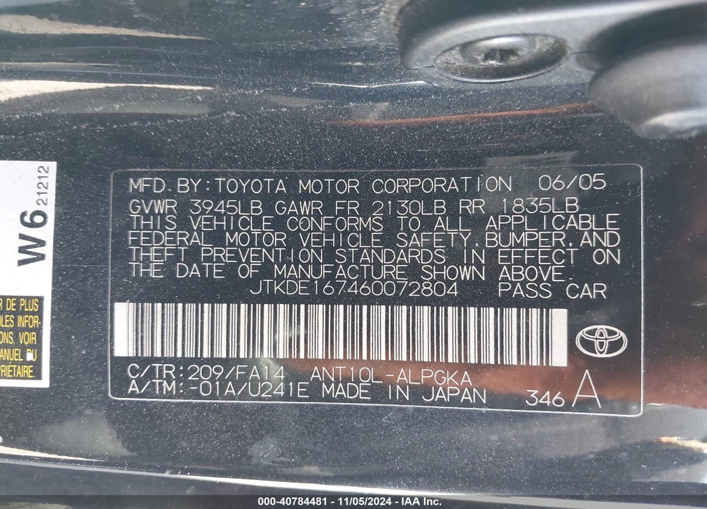 2006 SCION TC VIN: JTKDE167460072804
