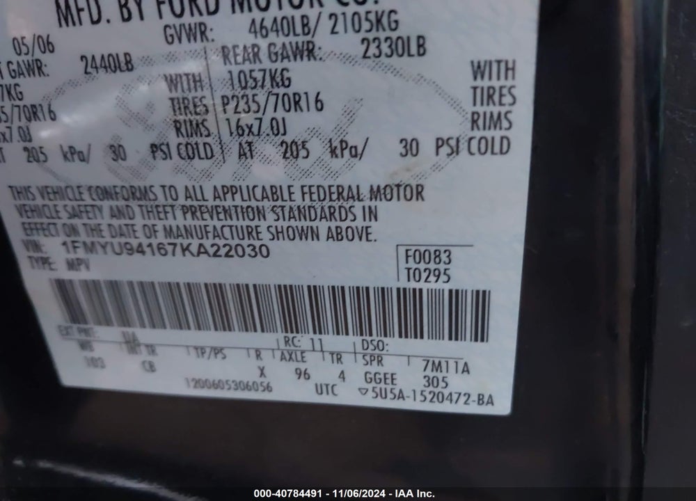 2007 FORD ESCAPE LIMITED VIN: 1FMYU94167KA22030