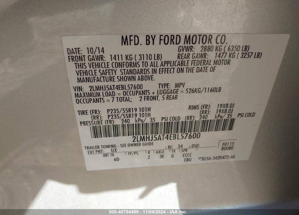 2014 LINCOLN MKT ECOBOOST VIN: 2LMHJ5AT4EBL57600