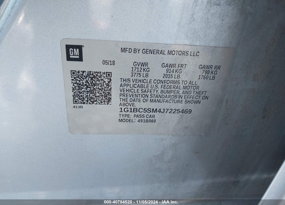 2018 CHEVROLET CRUZE LS AUTO VIN: 1G1BC5SM4J7225469