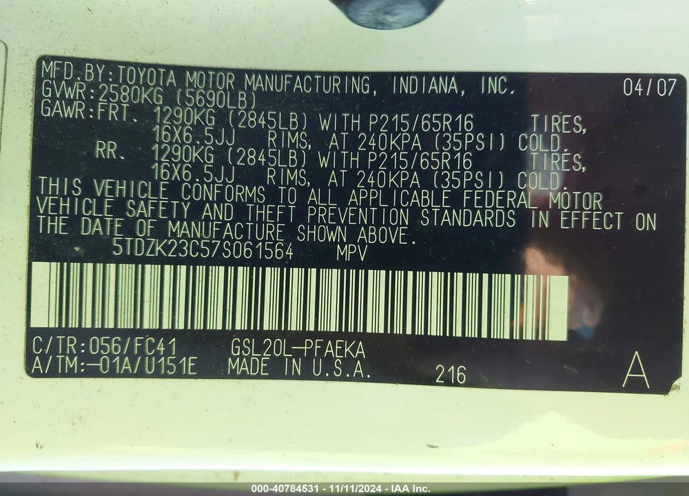 2007 TOYOTA SIENNA LE VIN: 5TDZK23C57S061564