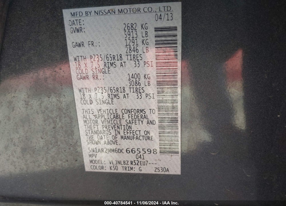2013 NISSAN PATHFINDER S VIN: 5N1AR2MM6DC665598