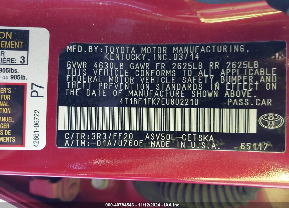 2014 TOYOTA CAMRY SE VIN: 4T1BF1FK7EU802210