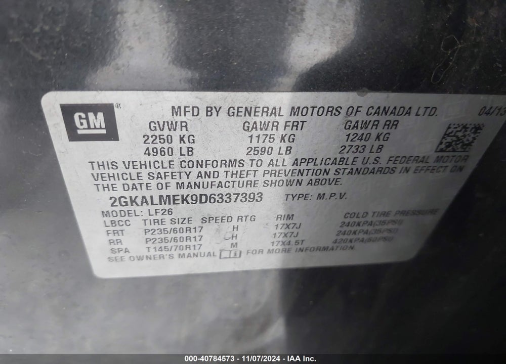 2013 GMC TERRAIN SLE-1 VIN: 2GKALMEK9D6337393