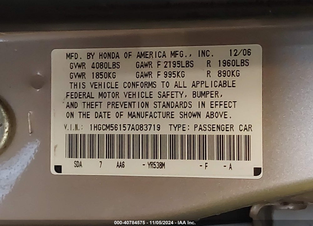 2007 HONDA ACCORD 2.4 VP VIN: 1HGCM56157A083719