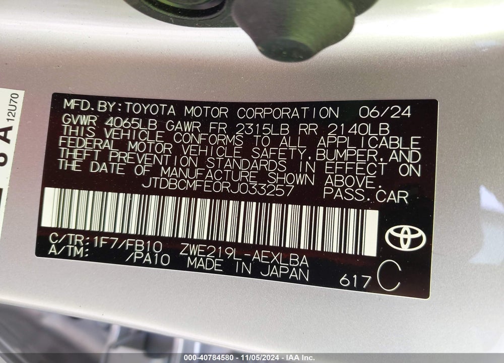 2024 TOYOTA COROLLA HYBRID LE VIN: JTDBCMFE0RJ033257