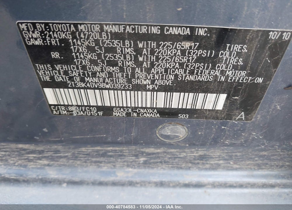 2011 TOYOTA RAV4 BASE V6 VIN: 2T3BK4DV9BW039233