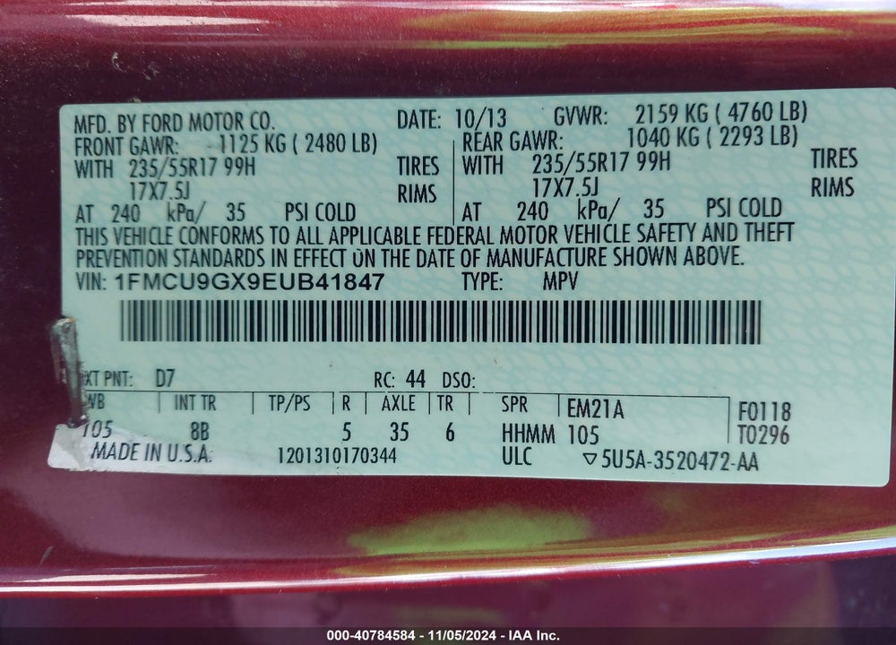 2014 FORD ESCAPE SE VIN: 1FMCU9GX9EUB41847