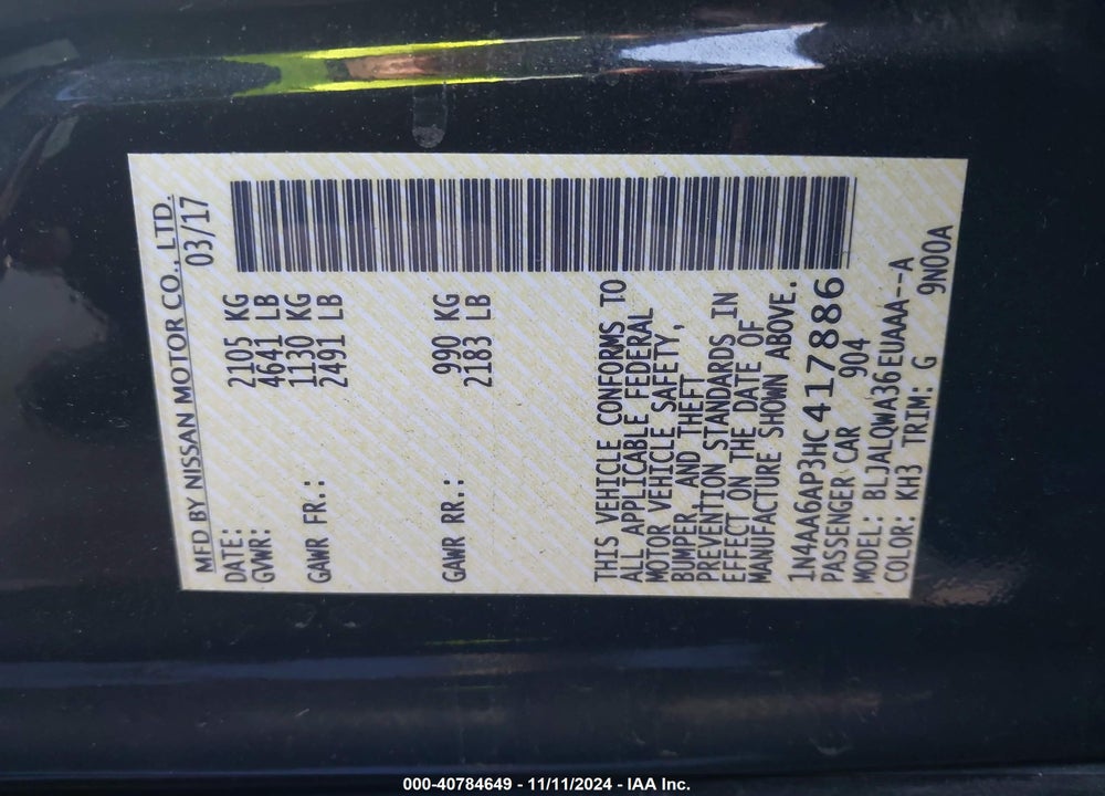 2017 NISSAN MAXIMA VIN: 1N4AA6AP3HC417886