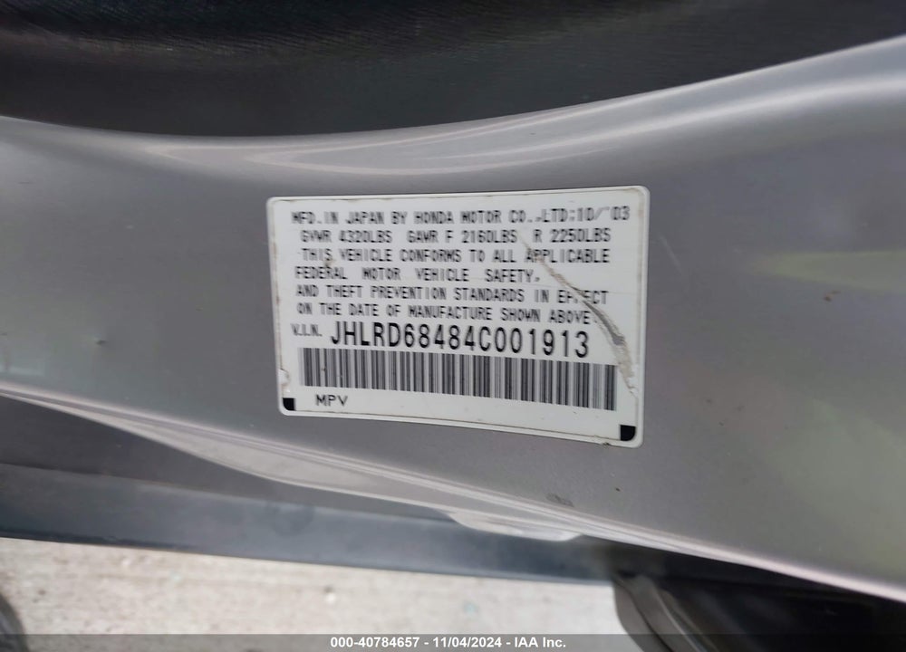 2004 HONDA CR-V LX VIN: JHLRD68484C001913
