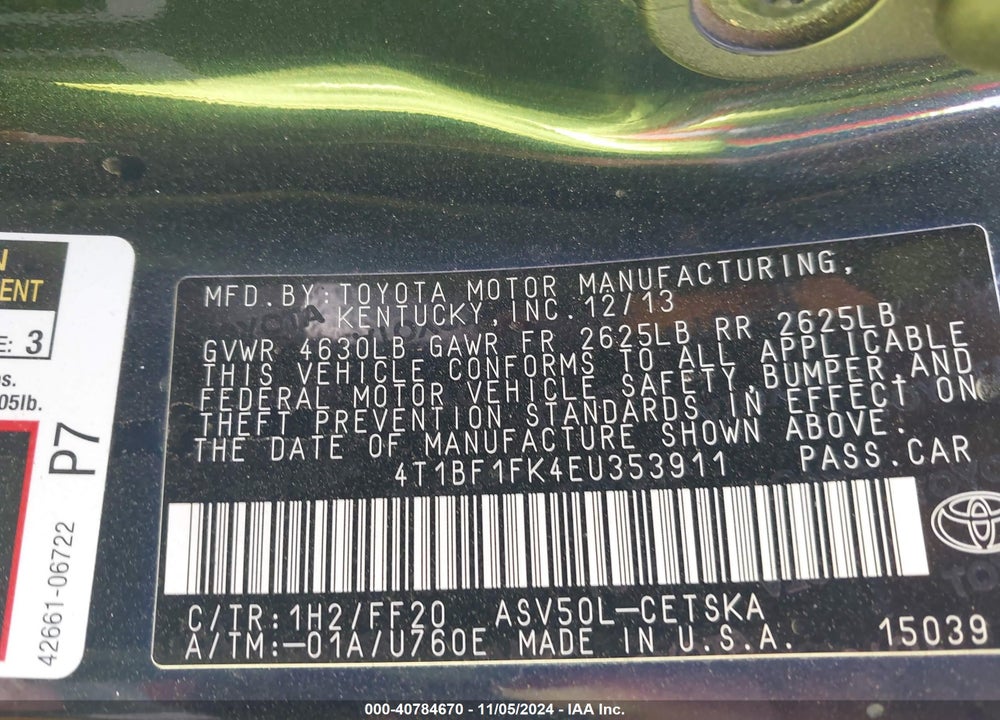 2014 TOYOTA CAMRY SE VIN: 4T1BF1FK4EU353911