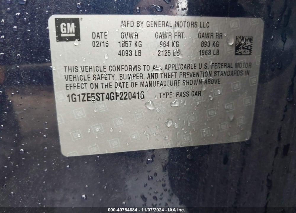 2016 CHEVROLET MALIBU 1LT VIN: 1G1ZE5ST4GF220416