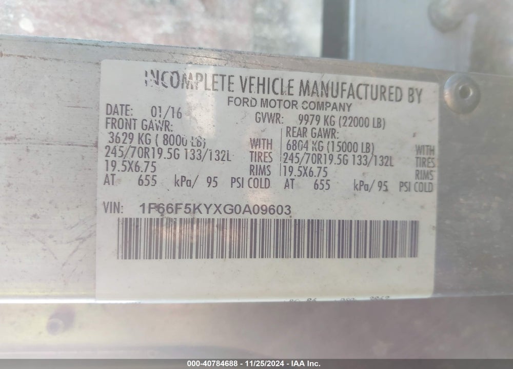 2016 FORD F-59 COMMERCIAL STRIPPED VIN: 1F66F5KYXG0A09603