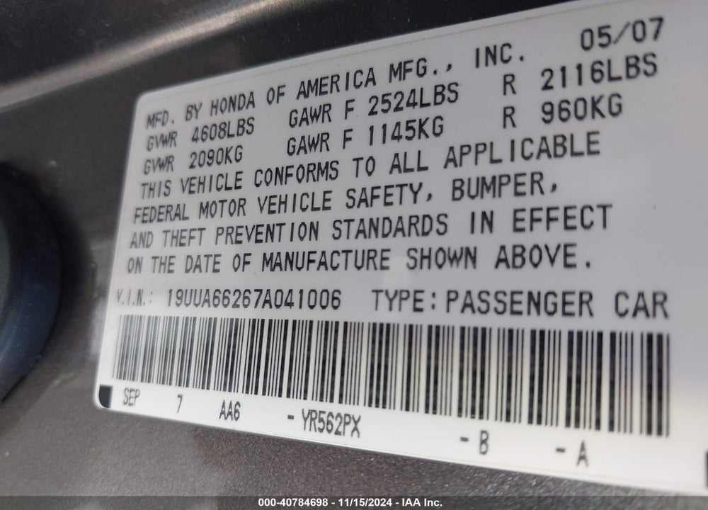 2007 ACURA TL 3.2 VIN: 19UUA66267A041006