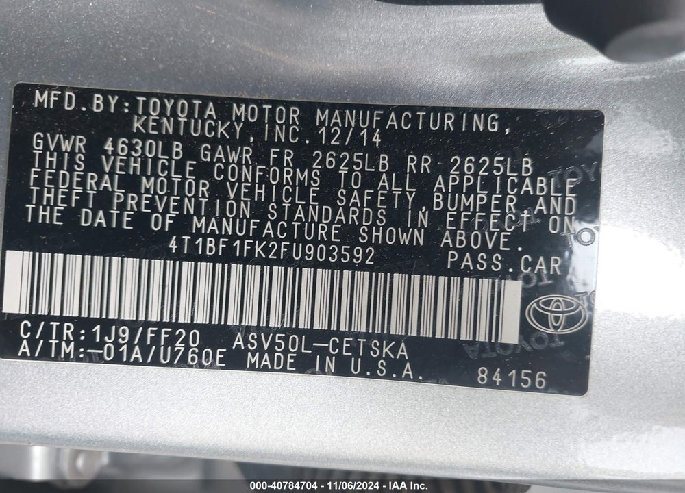 2015 TOYOTA CAMRY SE VIN: 4T1BF1FK2FU903592